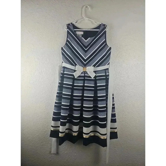 Bonnie Jean Girls Blue Gold White Sleeveless Striped A-line Dress Size 10 - Picture 1 of 7